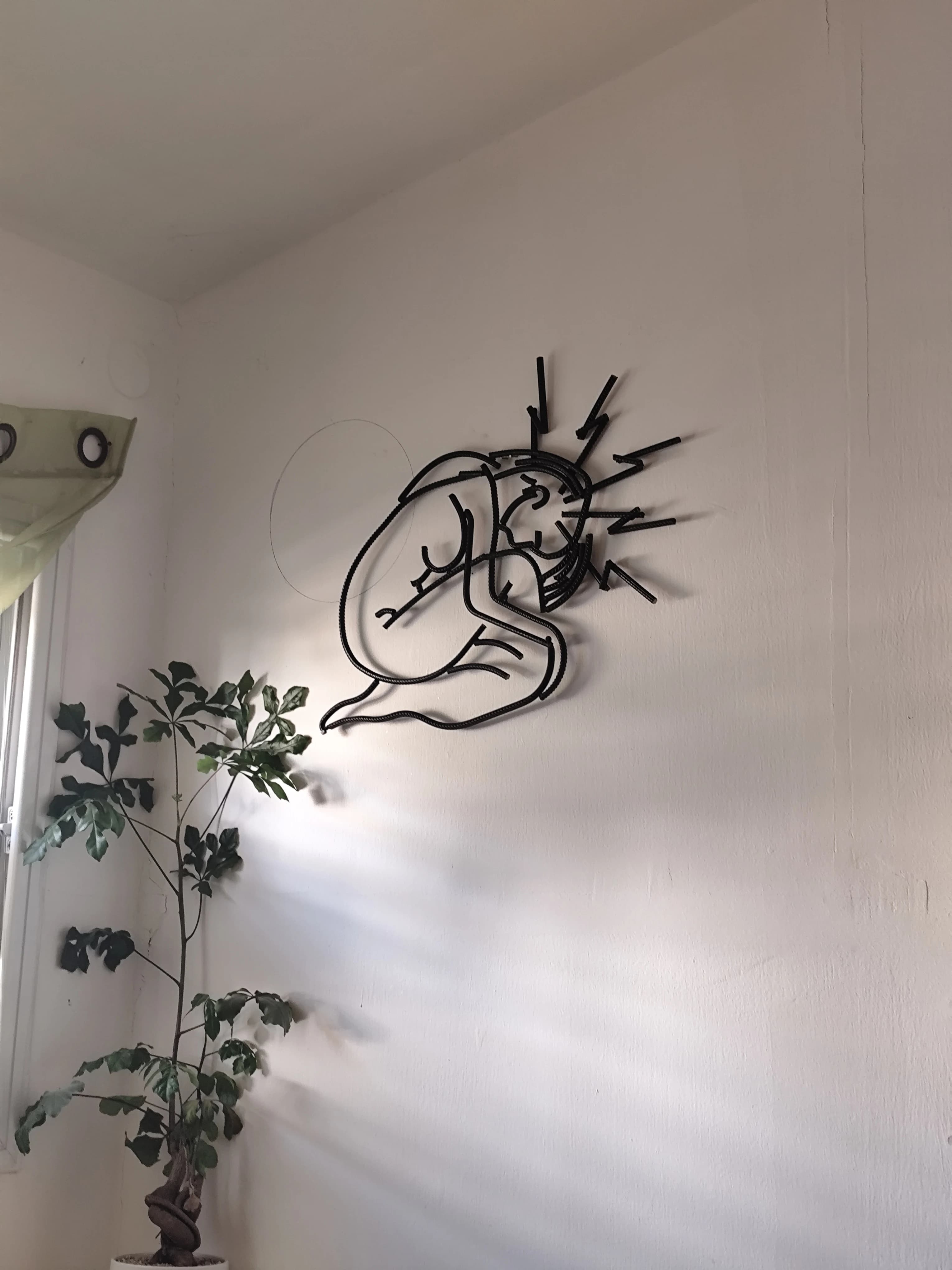 Custom work — iron sculpture installed on a white home wall, green plant nearby